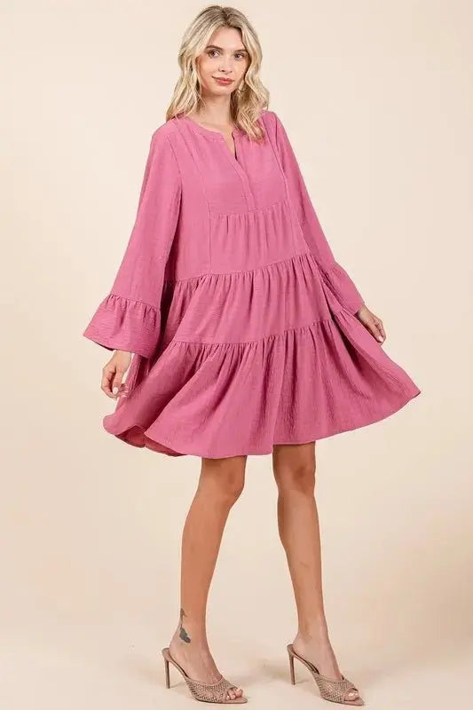 Mittoshop Tiered Notched Flare Sleeve Dress for Women - Love Salve